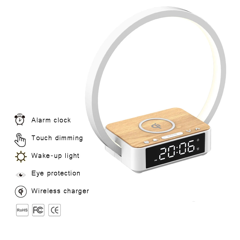 Custom home décor touch sensor smart wake up light desk alarm clock 10W 15W wireless charger led night bedside table lamp