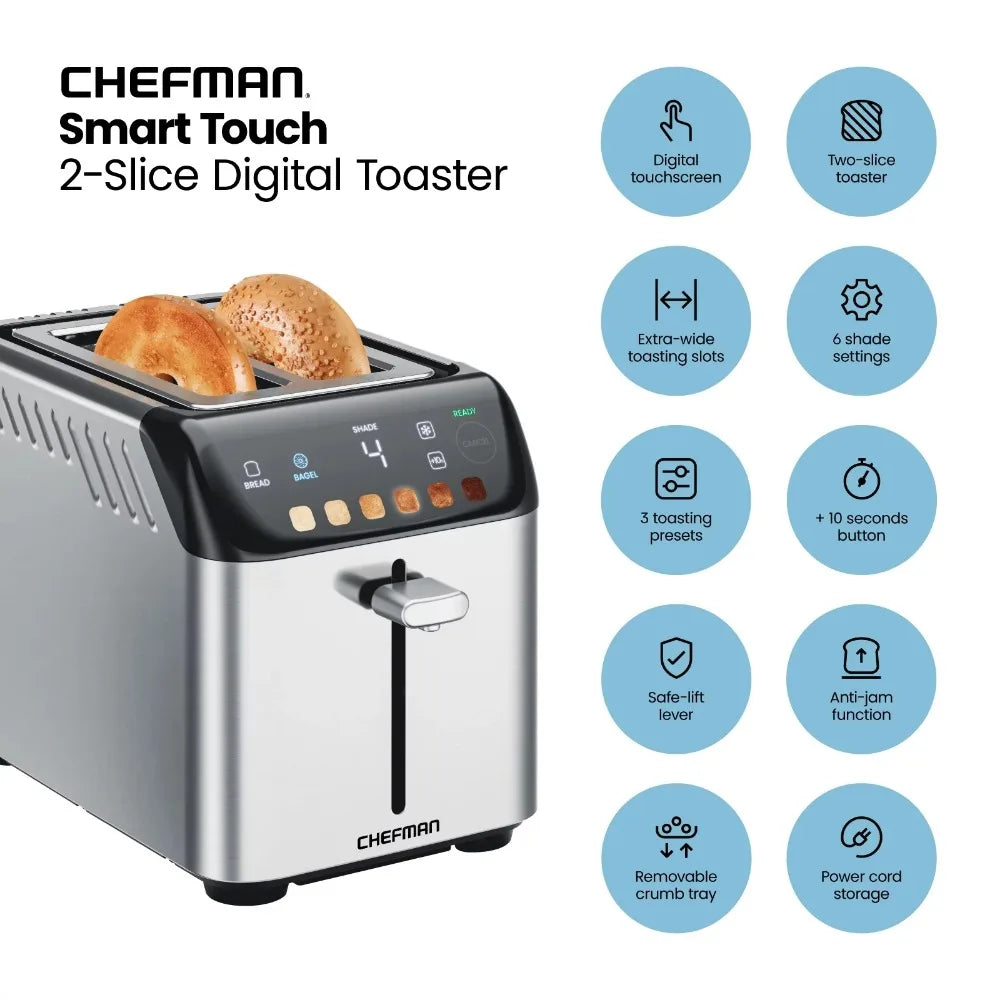 2023 New  Smart Touch 2 Slice Digital Toaster, 6 Shade Settings, Stainless Steel, Removable Crumb Tray