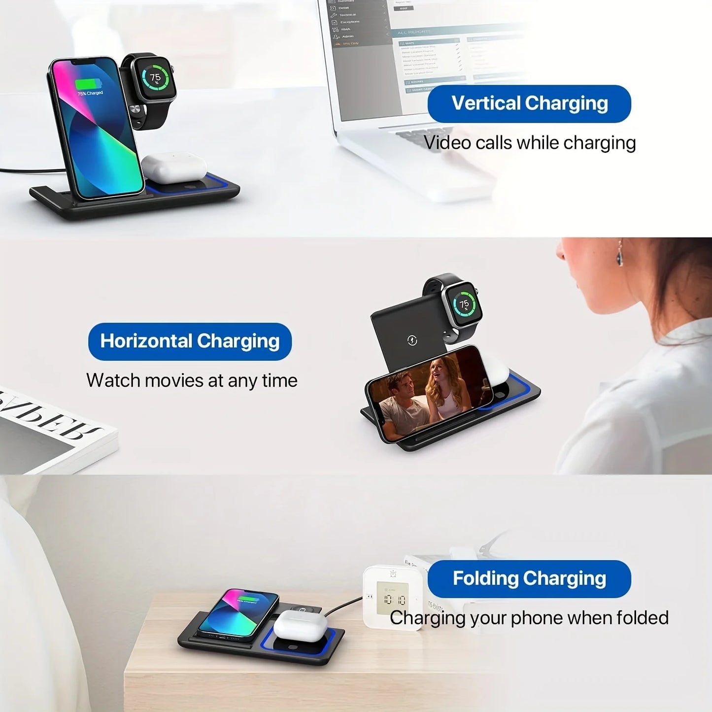 3 in 1 Wireless Charger for  Iphone with Dock Stand Foldable and Easy to Care