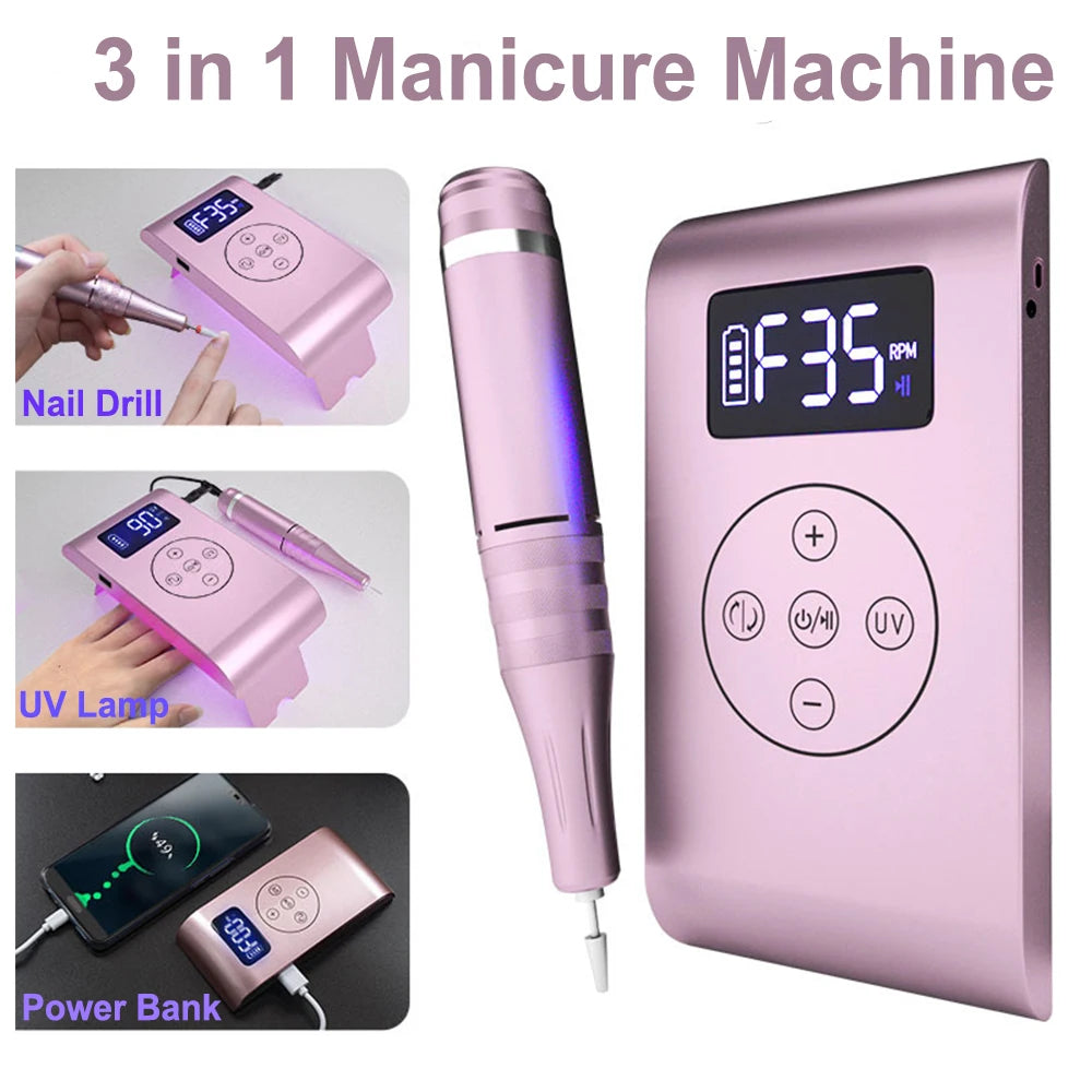 3 in 1 Nail Drill Machine 35000 RPM Wireless Rechargeable Manicure Machine for Polisher Pedicure Electric Drill With Nail Dryer