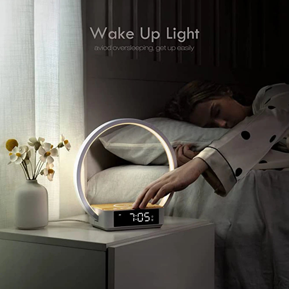 Custom home décor touch sensor smart wake up light desk alarm clock 10W 15W wireless charger led night bedside table lamp