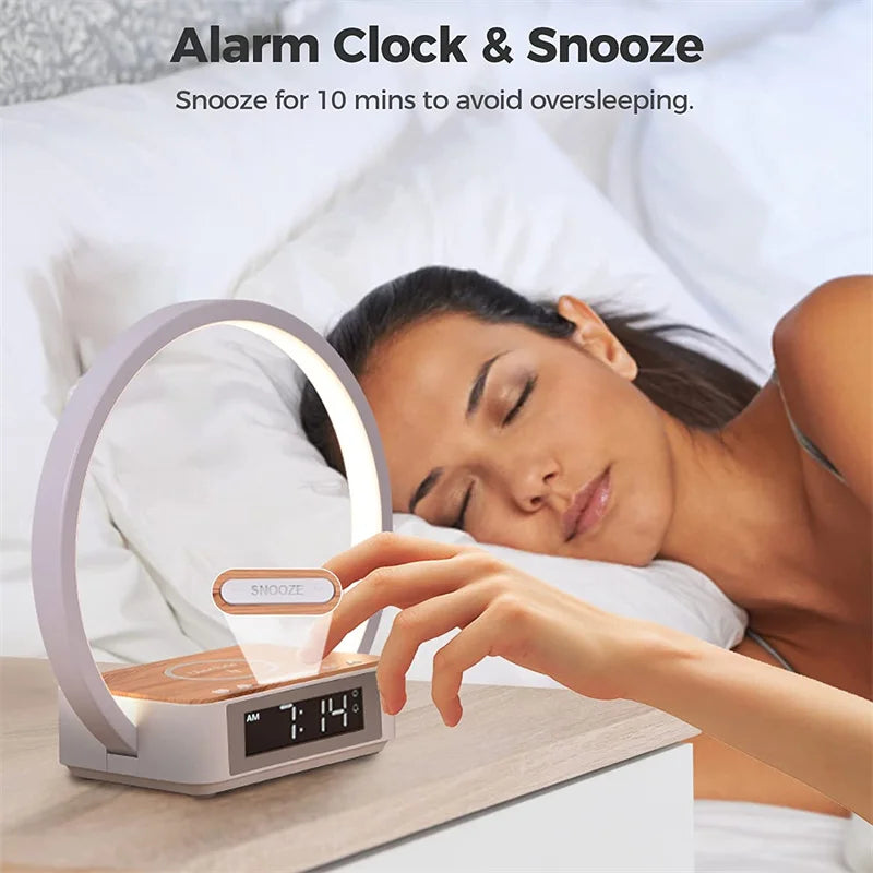 3 in 1 Wireless Rechargeable Touch Bedside Lamp With Alarm Clock Cell Phone Can Be Charged for Bedroom